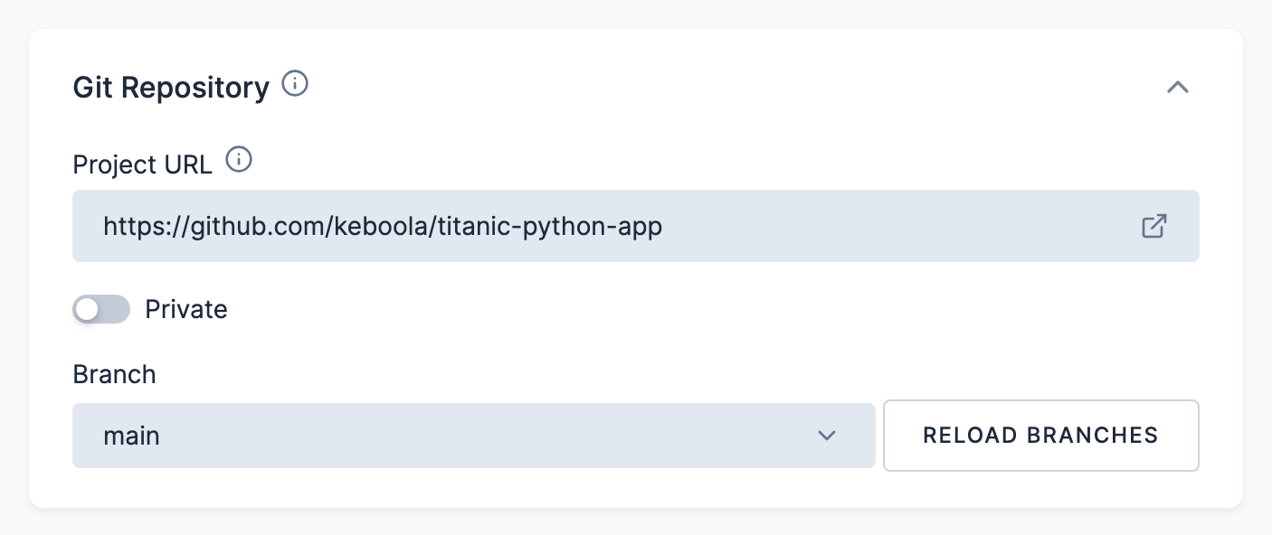 The Git Repository card: Project URL set to a GitHub repository, the Private switch off, and Branch set to main next to the Reload branches button